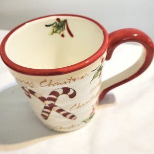 Christms Mug Candy Canes Pointsetta Gold MerryChristmas Red Rim Trim 4.75"H 4.5W